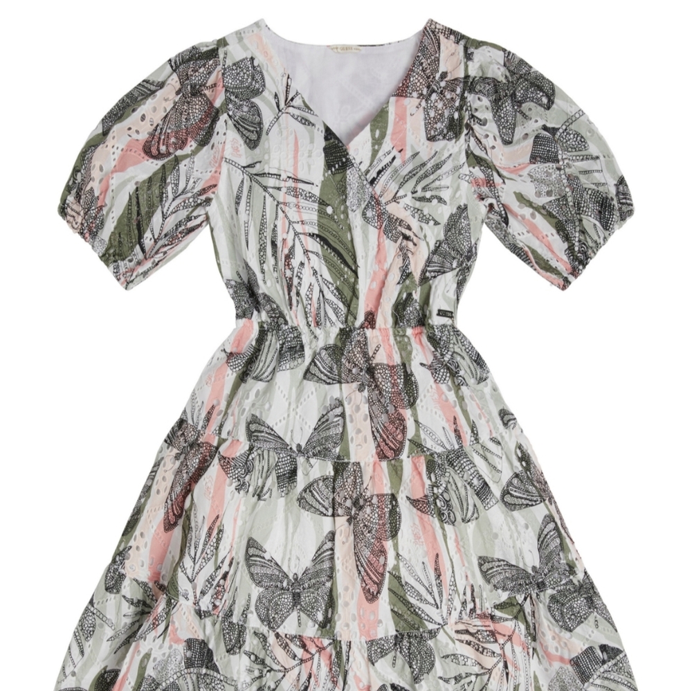 GUESS Printed Eyelet Dress Green Floral Butterfly Combo
